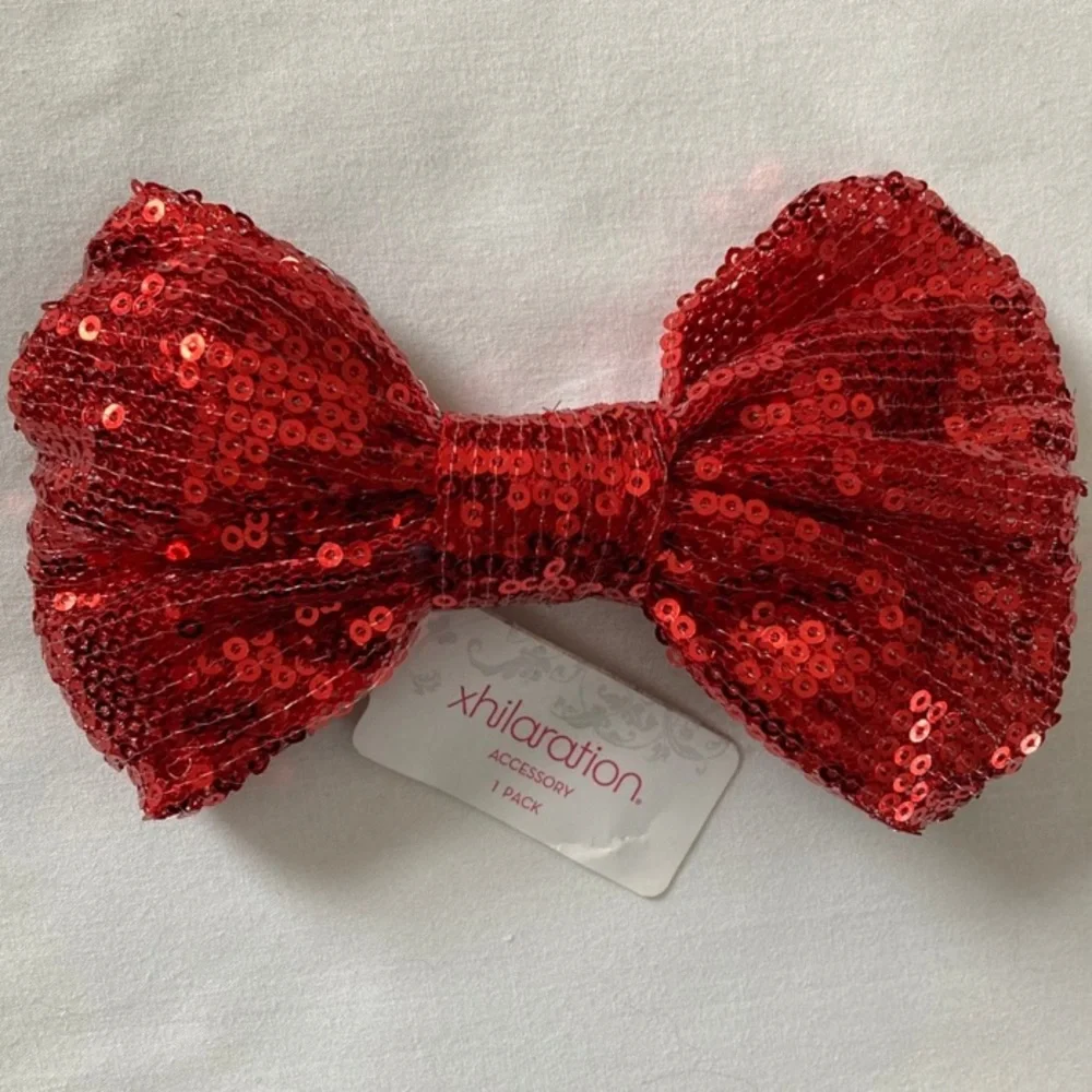 Red Sequin Hair Bow With Clip NWT